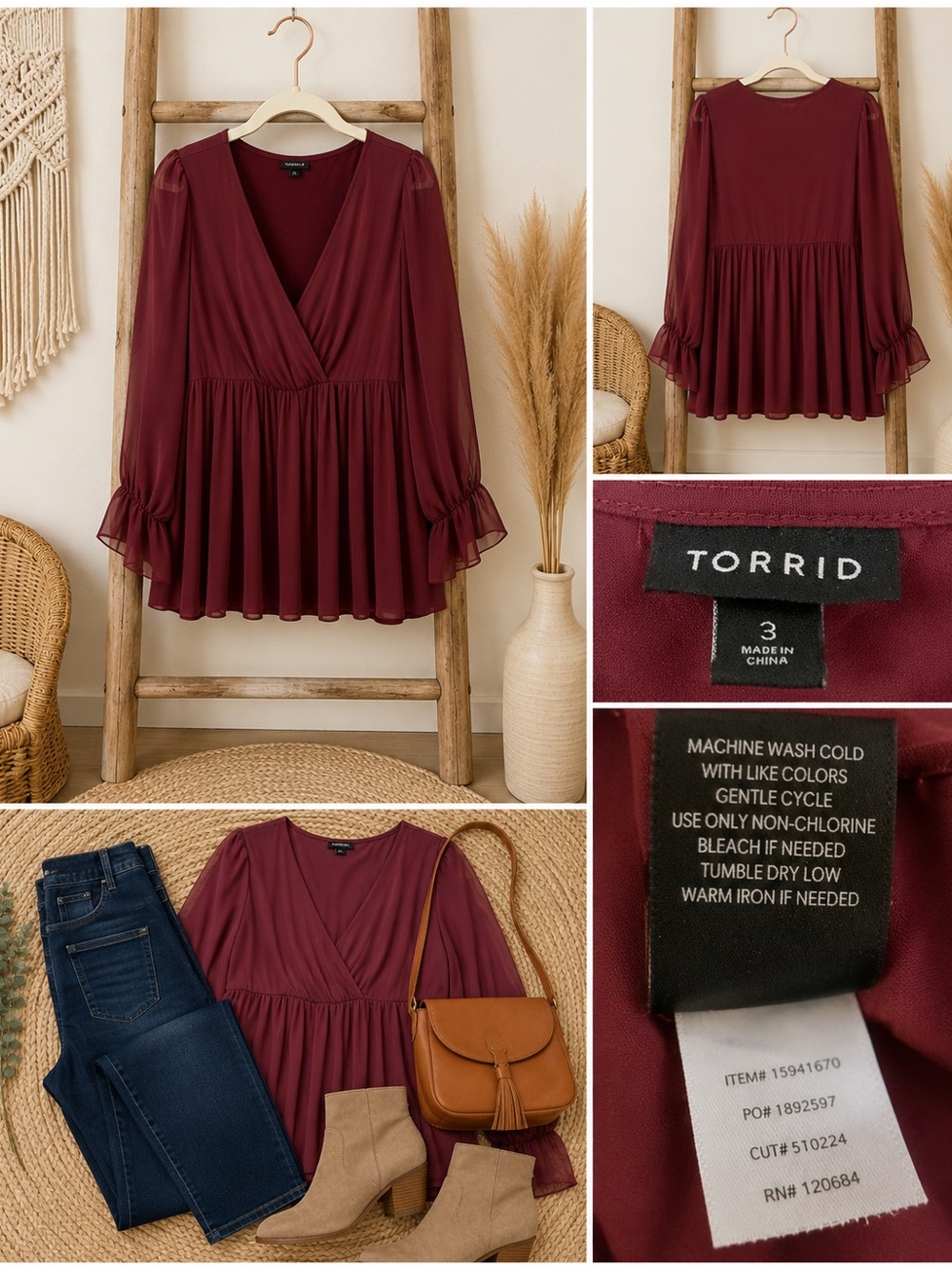 torrid Burgundy Long-Sleeve V-Neck Peplum Tunic